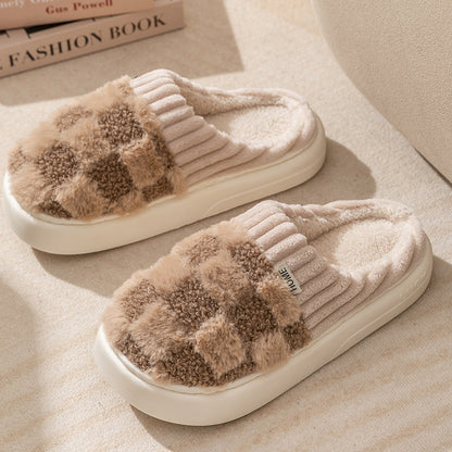 Plaid Plush Slippers Women's Indoor Plush Home Slippers Soft Sole Thick Non-Slip Warm House Shoes Couple Autumn And Winter
